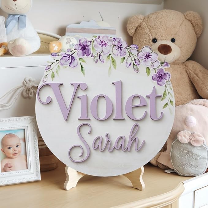 Personalized Name Signs for Kids Room, Flowers Sign for Baby Door Decor, Newborn Gifts for Girl, Girls Nursery Wall Bedroom Decorations, Mother's Day Gifts for New Mom Dad Gift