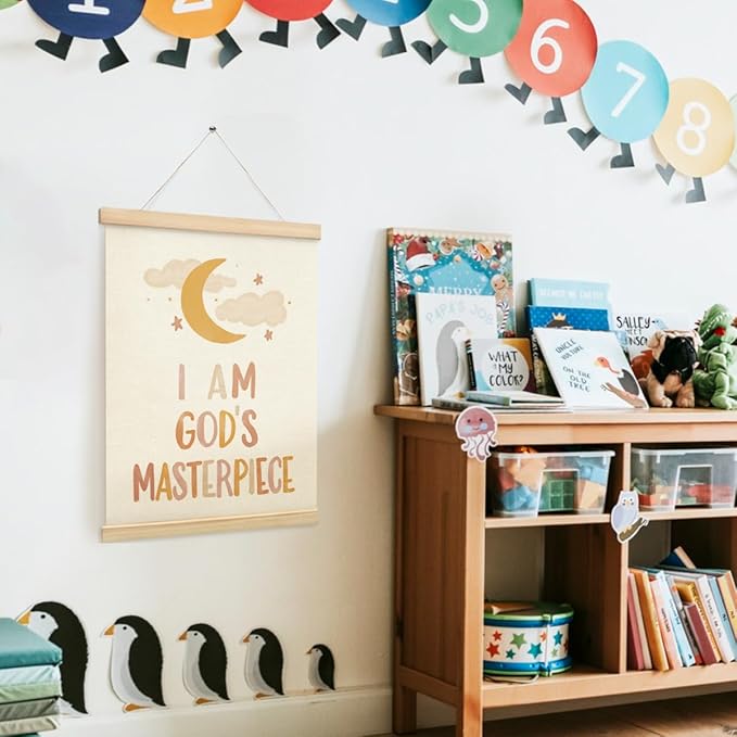 PLKMN Christian Nursery Wall Decor, I am God's Masterpiece Wall Art with Wooden Poster Hanger, Boho Moon Christian Wall Decor for Nursery Kids Room Sunday School Preschool Classroom, 12x16 Inch