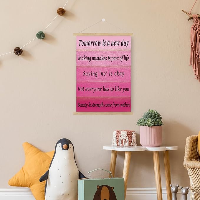 Qswo Inspirational Quotes Wall Decor for Women,Tomorrow Is a New Day Pink Wall Art Poster Hanger Frame,Motivational Hanging Canvas Wall Decor for Girl Room Home Office