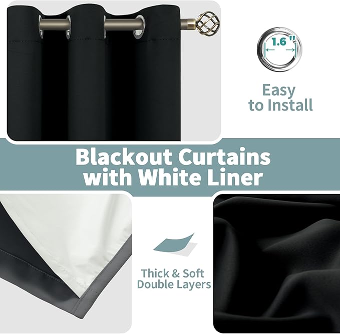 BGment Black Blackout Curtains for Bedroom 63 Inch Length 2 Panels Set, Thermal Insulated Bedroom Curtains Soundproof Room Darkening Window Curtain Drapes, Each Grommet Curtains 52 Inch Wide