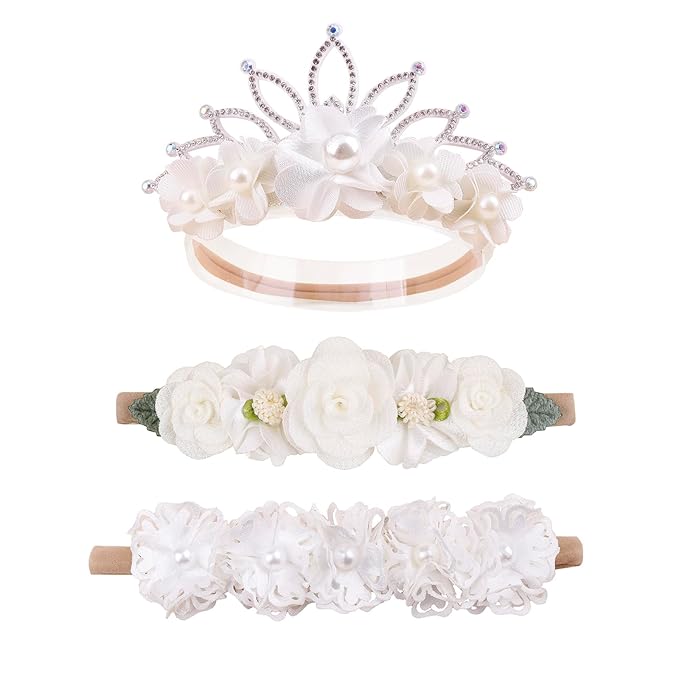 Baby Girl Floral Headbands- 3pcs Nylon Headband Handmade Flower Crown Elastic Hairband Newborn Toddler Hair Accessories Gifts for Girls （1-6 years old）