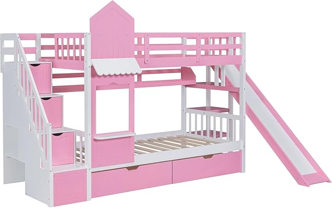MERITLINE Twin Over Twin Castle Bunk Bed with Slide,Stairs and Drawers,Solid Wood Floor House Princess Bunk Bed with Storage Shelves (Pink)