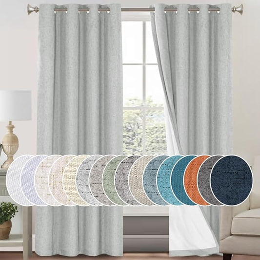 PrinceDeco Linen Blackout Curtains 84 Inches Long 100% Completely Blackout Window Treatment Thermal Insulated with White Liner Grommet Linen Textured Curtains for Living Room, 2 Panels, Glacier Grey