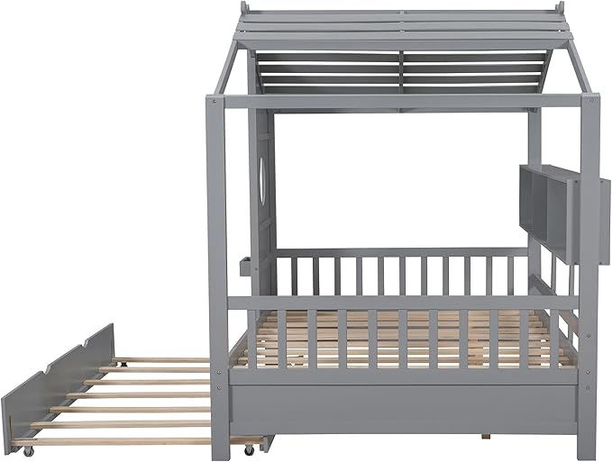Linique Wooden Full Size House Bed with Trundle and Storage Shelf,Modern Design Full Platform Bed Frame with Pitched Roof(Gray)