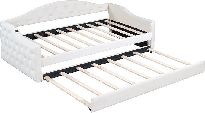 Bellemave Twin Size daybed Frame with Trundle for Adults, Kids, Girls, Teens, Tufted daybeds with Trundle for Living Room, Velvet, (Mattress not Included), Beige
