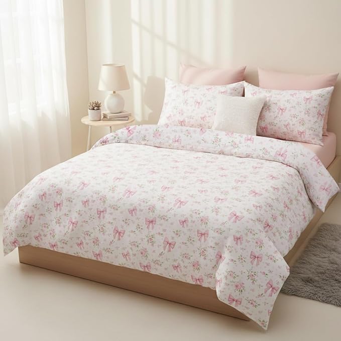 Duvet Cover King 3Pcs Pink Floral Bow Bedding Set for Girls Kids,Cute Princess Style Bowknot Bedding,Ultra Soft Garden Flower Bedding with 2 Pillowcases(No Comforter)