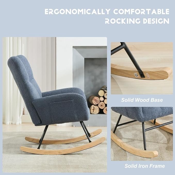 Nursery Rocking Chair Teddy Upholstered Glider Rocker Rocker Accent Chair with High Backrest Armchair Comfy Side Pocket Modern Rocking Accent Chairs for Living Room, Nursery, Office-Navy