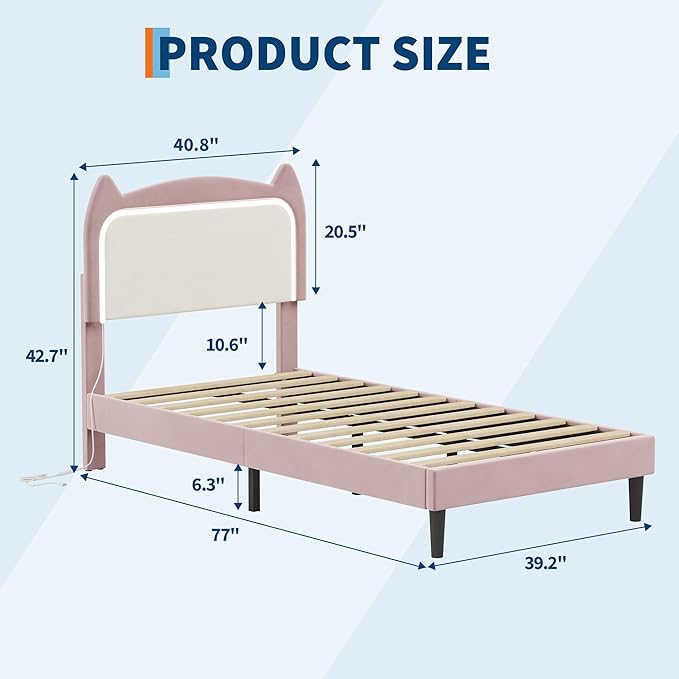 Twin Princess Bed Frame for Girls with LED Lights & Heavy-Duty Bed Leg Supports - Pink Velvet Upholstered Cat Headboard Platform Bed - Enhanced Stability, No Box Spring Needed, App/Remote Control
