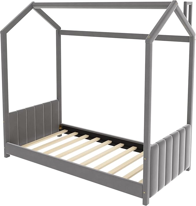 Ball & Cast Twin Size Floor Bed,Low to Ground Design Montessori Bed with Roof,Velvet Toddler House Bed Frame W/Slats,No Box Spring Needed,for Girls Boys,Gray