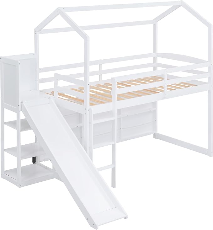 Flieks Twin Size Wood House Loft Bed Frame for Boys Girls Kids Adults Toddler with Slide, Storage Shelves and Light, White