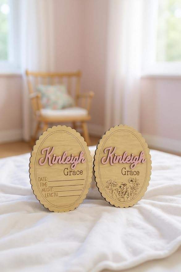 Personalized 3D Baby Name Sign with Floral Design, Scallop Engraved Birth Announcement Plaque, Baby Shower - Newborn Keepsake (Name + Stat Sign Bundle)