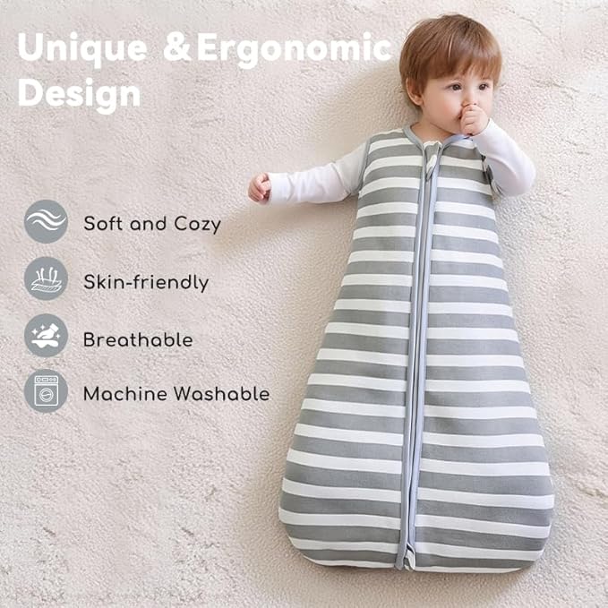 Baby Sleep Sack 6-12 Months 1.5 TOG, 2 Pack Bamboo Baby Wearable Blanket with 2-Way Zipper, Infant Toddler Sleeping Sack for Newborn Boys and Girls, Grey & Stripe