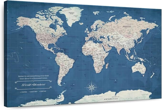 ElephantStock - World Adventures Push Pin Travel Map I Wall Art - Horizontal Canvas Wall Art - Living Room Wall Decor - Printmaking Map Canvas Art - Blue And Beige Decor - 24" x 16"
