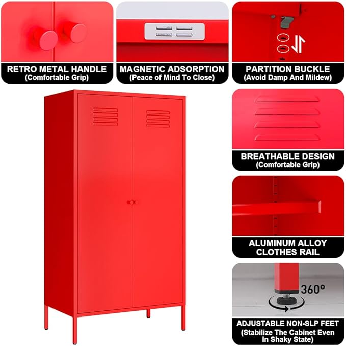2 Door Metal Wardrobe,Classified Storage Tall Storage Cabinet with Hanging Rod&2 Freely Adjustable Shelves, Metal Armoire Closet for Kids Bedroom, Laundry Room,Home (red)