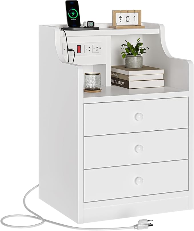 ADORNEVE Night Stand Set 2,White Nightstand with Charging Station & Hutch,Night Stands for Bedrooms Set of 2,Bedside Table with Drawers