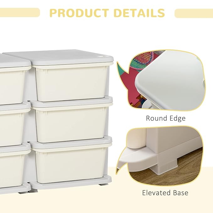 Qaba 3 Tier Kids Storage Unit, 6 Drawer Chest Toy Organizer Plastic Bins for Kids Bedroom Nursery Kindergarten Living Room for Boys Girls Toddlers, Cream White