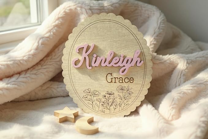 Personalized 3D Baby Name Sign with Floral Design, Scallop Engraved Birth Announcement Plaque, Baby Shower - Newborn Keepsake (Name + Stat Sign Bundle)