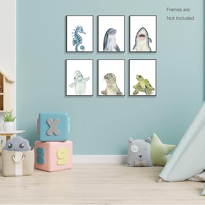 Wodkwq Nursery Wall Art Sea Animal Canvas Prints Baby Girl Boy Room Decor Watercolor Paintings Pictures Cute Ocean Theme Toddler Room Decoration Set of 6 for Kids Bedroom Bathroom 12x16in Unframed