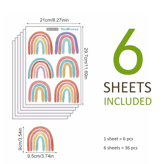 Watercolor Rainbow Wall Decals for Girls Bedroom 36 Pcs, Rainbow Stickers Bigger Size for Wall Mural Vinyl Peel and Stick DIY Decorations (6 Sheets)