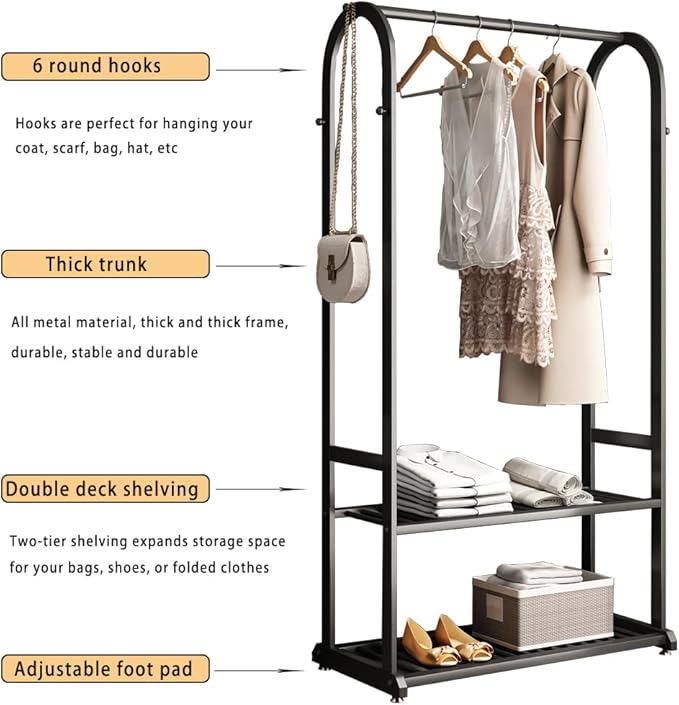Heavy duty clothes rack,Metal Clothing rack for hanging clothes,garment rack with bottom shelves and 6 side hooks for bedroom cloakroom(black, L:39.4)