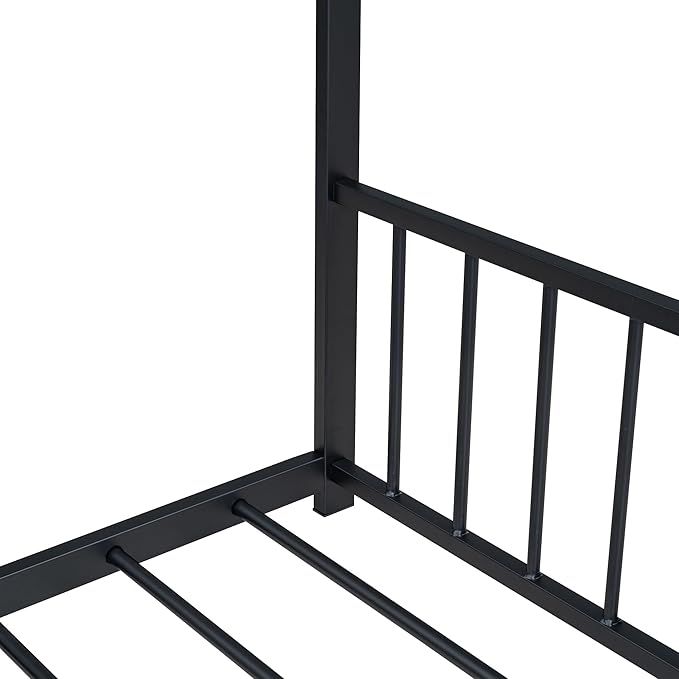 Full Size House Shaped Montessori Platform Beds, Wood Floor Bed Frame with Roof and Fence Deisgn, Kids Double Toddler Bed for Children Boys Girls, Easy Assemble, No Box Spring Needed, Black