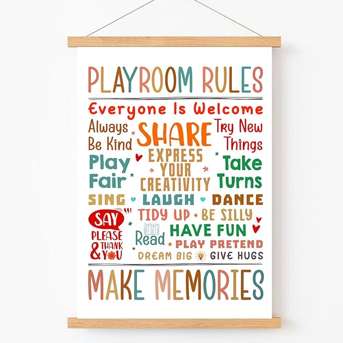 Qswo Playroom Rules Wall Art Poster Hanger Frame,Play Room Hanging Canvas Wall Decor for Kids Nursery School