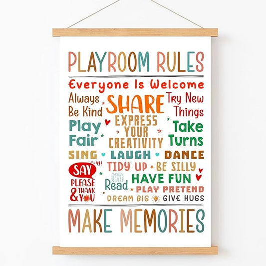 Qswo Playroom Rules Wall Art Poster Hanger Frame,Play Room Hanging Canvas Wall Decor for Kids Nursery School