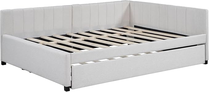 Harper & Bright Designs Full Size Upholstered Daybed with Trundle Sofa Bed Frame for Boys Girls Kids Adults Toddler No Box Spring Needed, Linen Fabric(Beige)