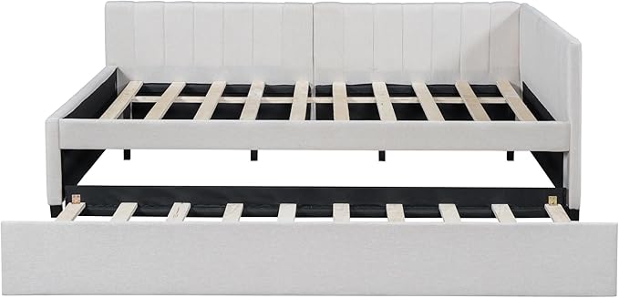 Harper & Bright Designs Full Size Upholstered Daybed with Trundle Sofa Bed Frame for Boys Girls Kids Adults Toddler No Box Spring Needed, Linen Fabric(Beige)