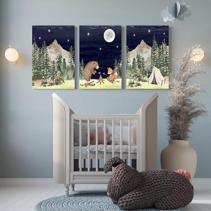 Camping Nursery Wall Decor, Bear Fox Nursery Print, Moon Night Woodland Nursery Decor, Watercolor Mountain Forest Wall Art, Set of 3 Nature Picture for Boy Girl Bedroom, Framed Canvas, 16"x24"x3