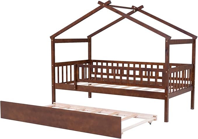 Harper & Bright Designs Twin House Bed with Trundle, Kids Twin Platform Frame Rails and Roof, Tent Bed, Wood Playhouse Twin Montessori for Teens Girls & Boys, No Box Spring Needed (Walnut)