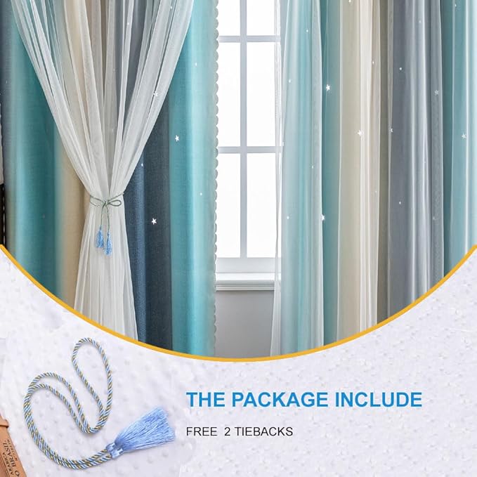 Star Girl and Kids Curtains for Bedroom Rainbow Ombre Double Layer Cute Shot Nursery Darkening Grommet Princess Room Décor 2 Panels Living Room Window Curtain (Blue Yellow52W x 95L