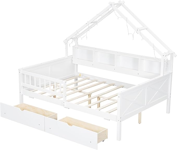 Bellemave Full House Platform Bed with Drawers Wood House Bed with Storage Shelves and LED Lights House Platform Bed Frame for Kids, Teens, Adults, No Spring Box Needed (White)