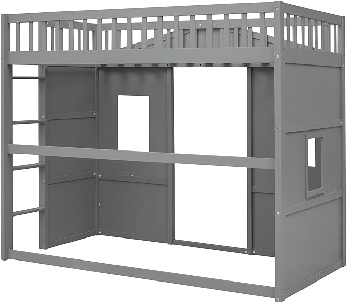 Twin Size Loft Bed with Safety Guardrail for Kids Boys Girls, Playhouse Design Solid Wood Loft Bed Frame with Ladder and Windows, Strong Wood Slats Support, Space-Saving (Gray)