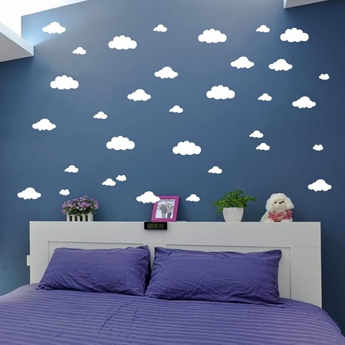 31pcs White Cloud Wall Decals – Mixed Sizes 4-10in Floating Vinyl Stickers for Baby Nursery, Kids Bedroom, Ceiling or Playroom – Removable DIY Home Mural Wall Art Decor YYU-14 (White)