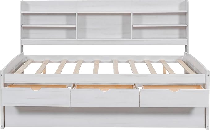 Harper & Bright Designs Full Size Captain Bed with Built-in Bookshelves/3 Storage Drawers/Trundle, Wooden Full Daybed Bed Frame for Kids Teens Dorm Bedroom Multipurpose Guest Room, White Wash