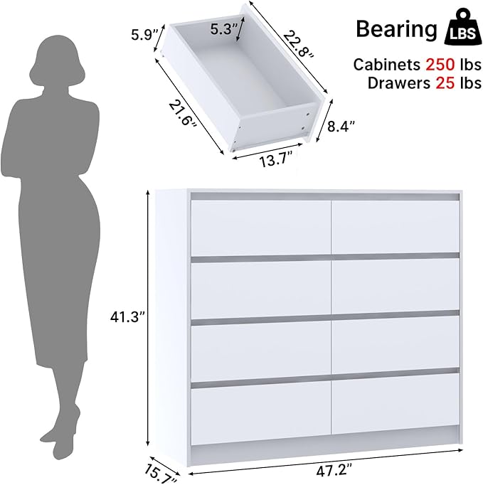 White Malm High Gloss Dresser for Bedroom, 47" Wide 41" Tall Dresser with 8 Drawers, Modern Large Wood Chest of Drawer Handle Free, Living Room, Entryway, Hallway, White