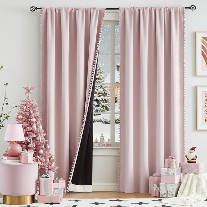 Pink Blackout-Curtains for Bedroom Pom Pom Thermal Insulated 100% Full Blackout Curtain Panels for Girls Baby Nursery Room 90 inch Energy Efficient Window Drapes for Kids 52"w x2 Panels Rod Pocket
