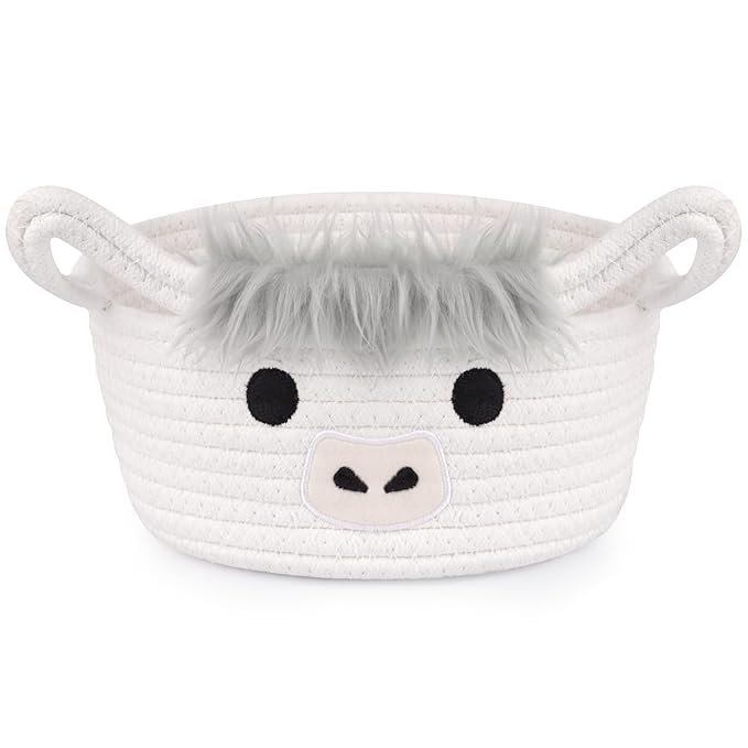 Highland Cow Basket for Nursery, Small Gift Basket, White Round Woven Cotton Rope Storage, Baby 0rganizer with Ears Handles, Blanket Towel Decor Empty Storage Bins,8.2 x 4.7 in