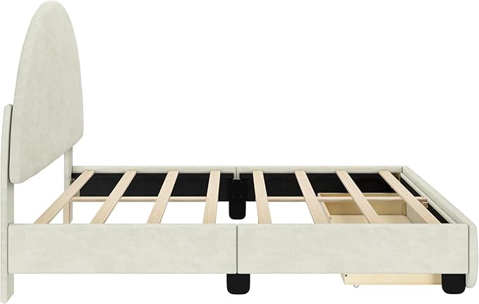 Max & Lily Upholstered Full Bed Frame with Arch Headboard with 1 Drawer End Storage, Upholstered Platform Bed for Kids, No Box Spring Needed, Easy Assembly, Cream