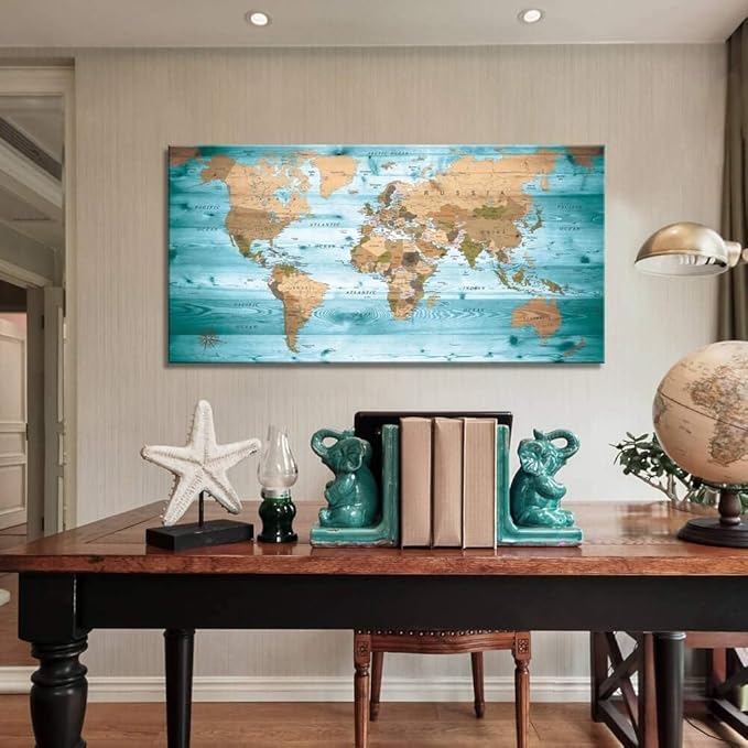 Large Wall Art Blue map of The World Painting Ready to Hang 24"x48"Large Framed Wall Art World Map Canvas Map Decorations Artwork Prints