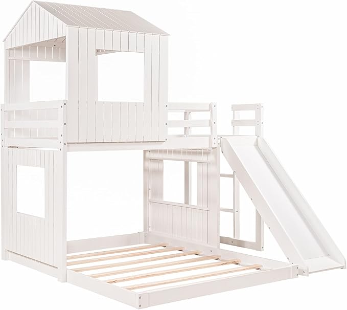MERITLINE House Bed Bunk Beds with Slide Twin Over Full Size Bunk Bed Frame with Slide,Wooden Playhouse - Design Slide Bunk Beds Twin Over Full Bunk for Boys and Girls