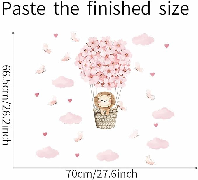 Cute Lion Cub Hot Air Balloon Wall Stickers, sacinora Pink Butterfly Cloud Love Heart DIY Wall Decals Removable Vinyl Peel and Stick for Kids Baby Girl Nursery Bedroom Toddler Room Art Decorations