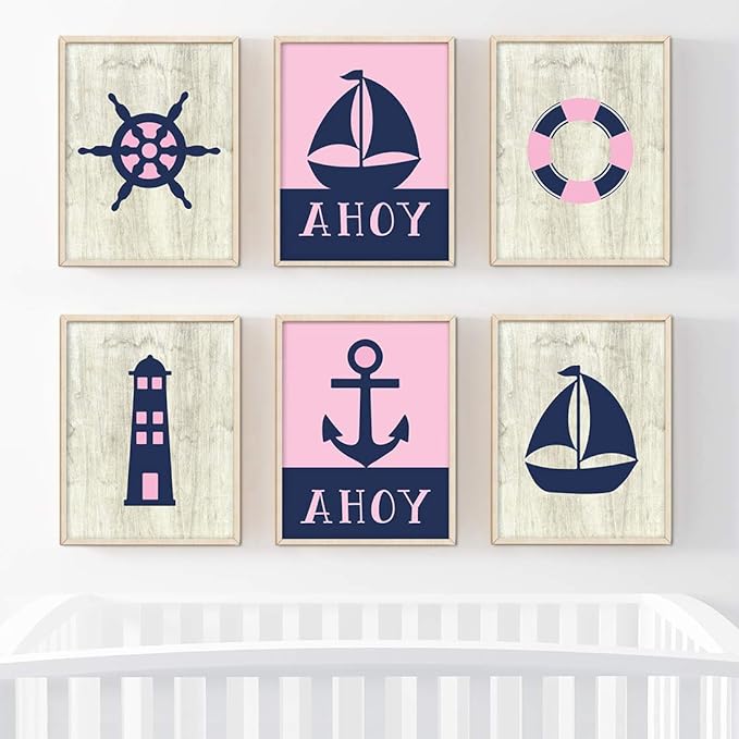 Andaz Press Girls Ocean Nautical Sailor Theme Nursery Kids Bedroom Hanging Wall Art Decor, 8.5x11-inch, Pink Navy Blue, Ahoy, Boat, Anchor, Lighthouse, 6-Pack, Unframed Room Poster