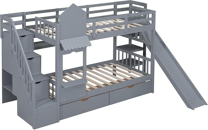 MERITLINE Twin Over Twin Castle Bunk Bed with Slide,Stairs and Drawers,Solid Wood Floor House Princess Bunk Bed with Storage Shelves (Grey)