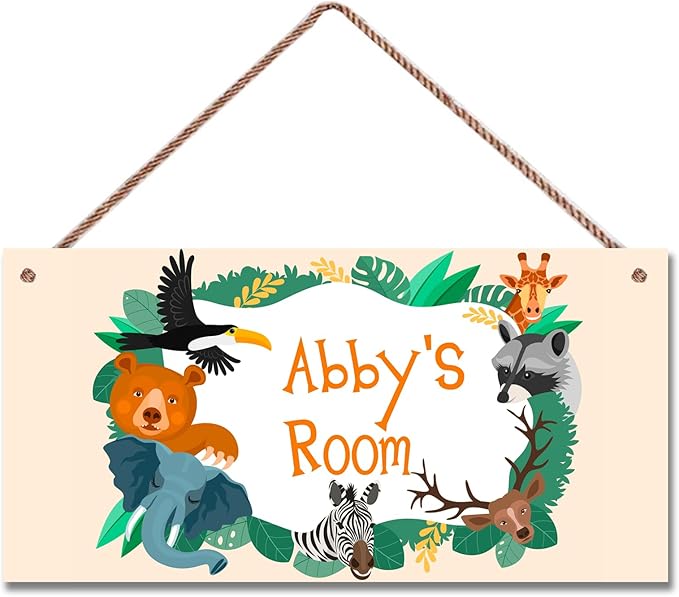 Personalized Cartoon Cute Animals Sign For Kids Room Zoo Lion Monkey Bear Fox Sign Custom Name Boys Room Decor Wall Art Toddler Nursery Wood Plaque For Girls Bedroom