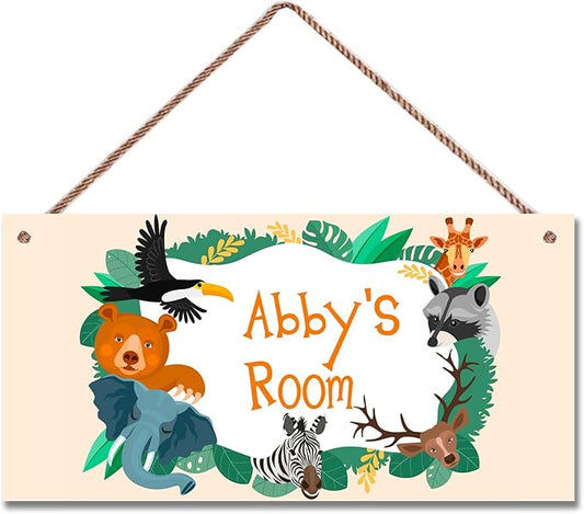 Personalized Cartoon Cute Animals Sign For Kids Room Zoo Lion Monkey Bear Fox Sign Custom Name Boys Room Decor Wall Art Toddler Nursery Wood Plaque For Girls Bedroom