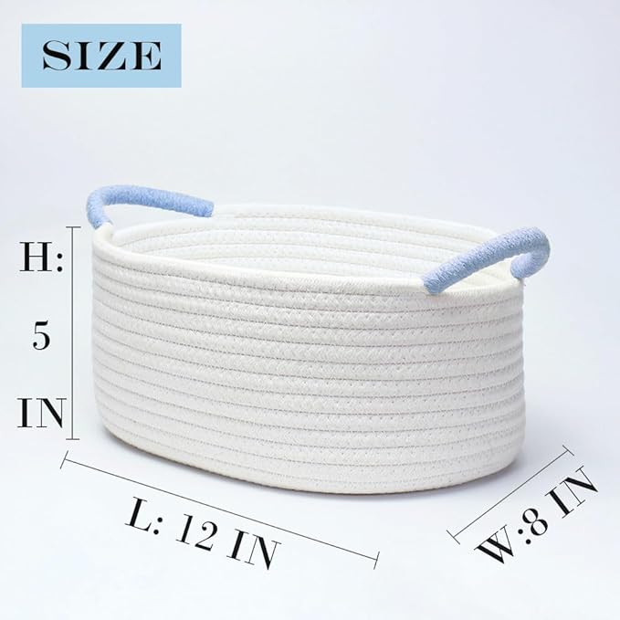 Yimi's Dream Basket for Gifts, Small Cute Shelf Baskets for Babies, Wedding, Birthday, White Rope Baskets with Blue Handle for Home Decor(Oval, 12"x 8"x 5")