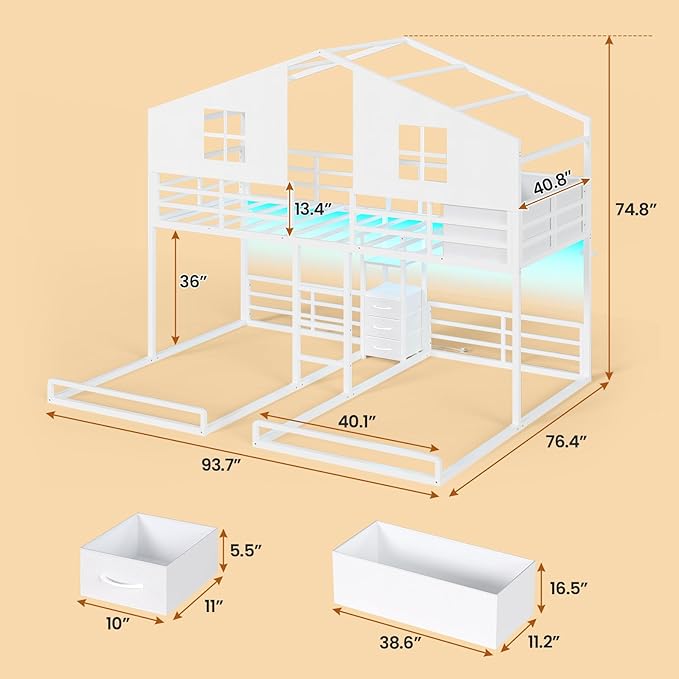 BTHFST Triple Bunk Bed Twin Size with House, 4 Storage Drawers, Charging Station and LED Lights, Metal Kids Bunk Bed with 13.4" H Safety Guardrail and Play Curtain, DIY House Shaped Bed, White