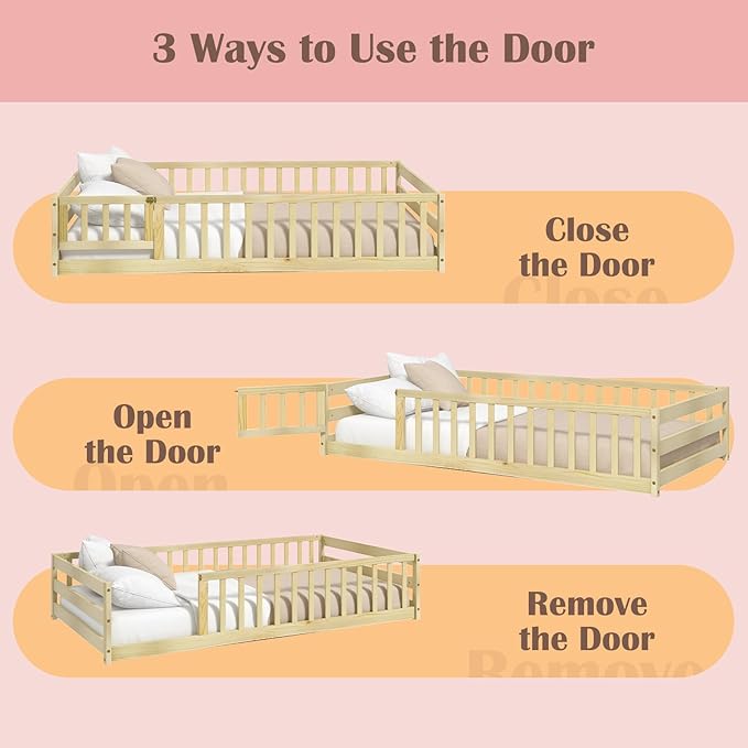 Giantex Twin Floor Bed with Fence for Kids, Wooden Montessori Bed Frame with Lockable Door & Guardrails, Low Floor Beds for Kids, Boys, Girls, No Box Spring Needed, Without Wood Slats, Natural